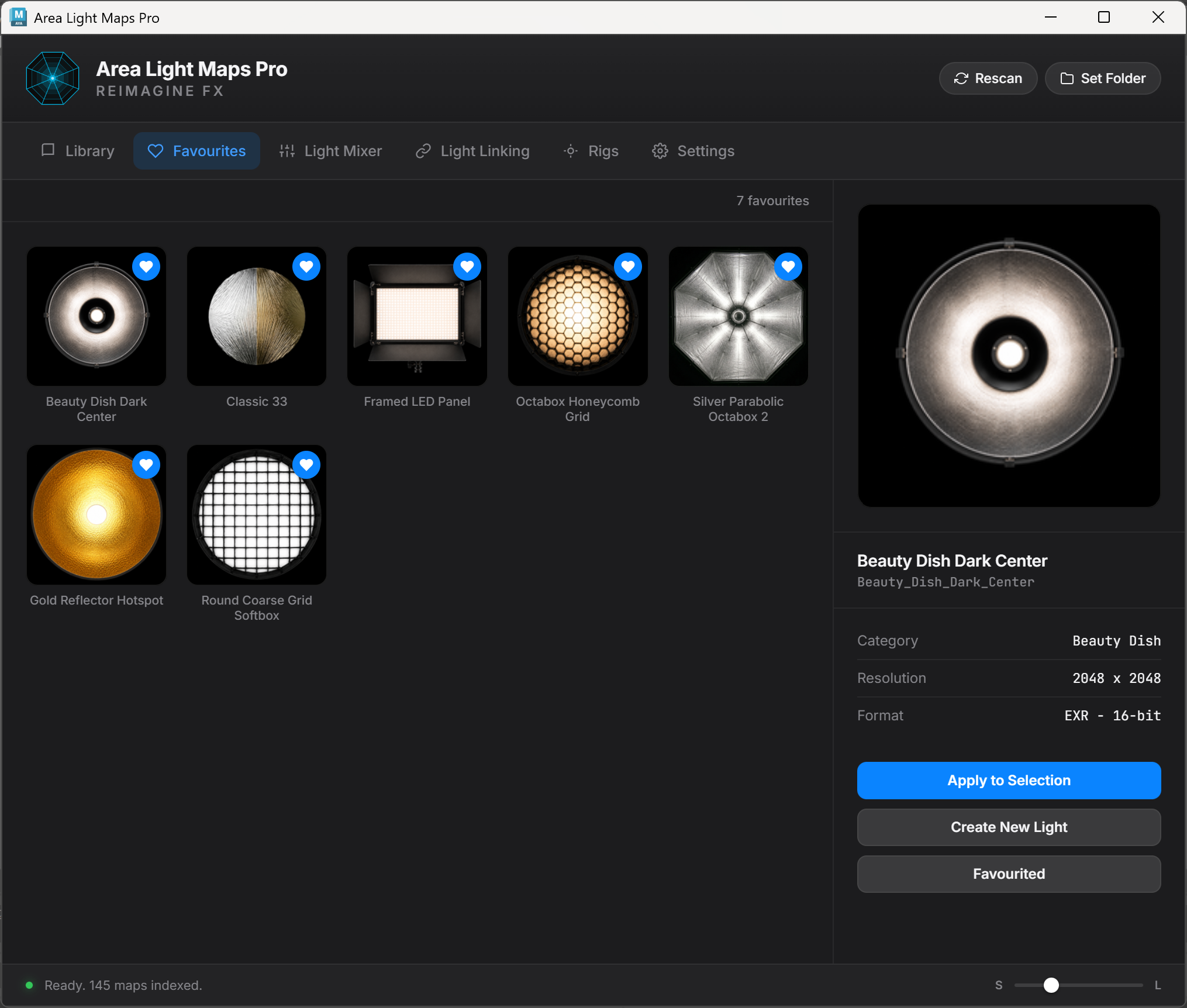 Area Light Maps Pro favourites interface