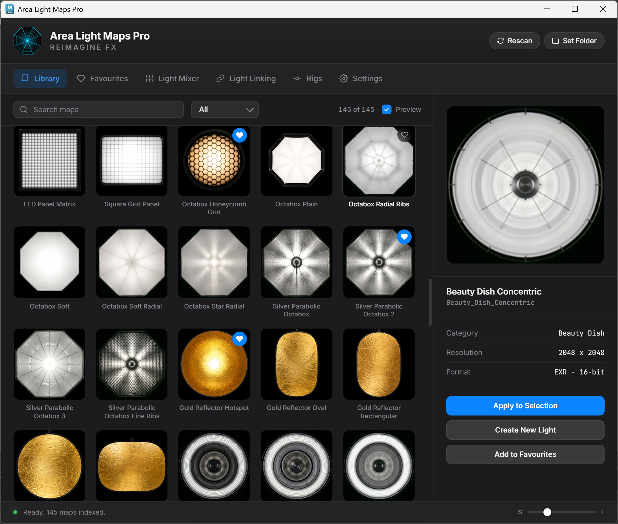Area Light Maps Pro Library interface inside Maya