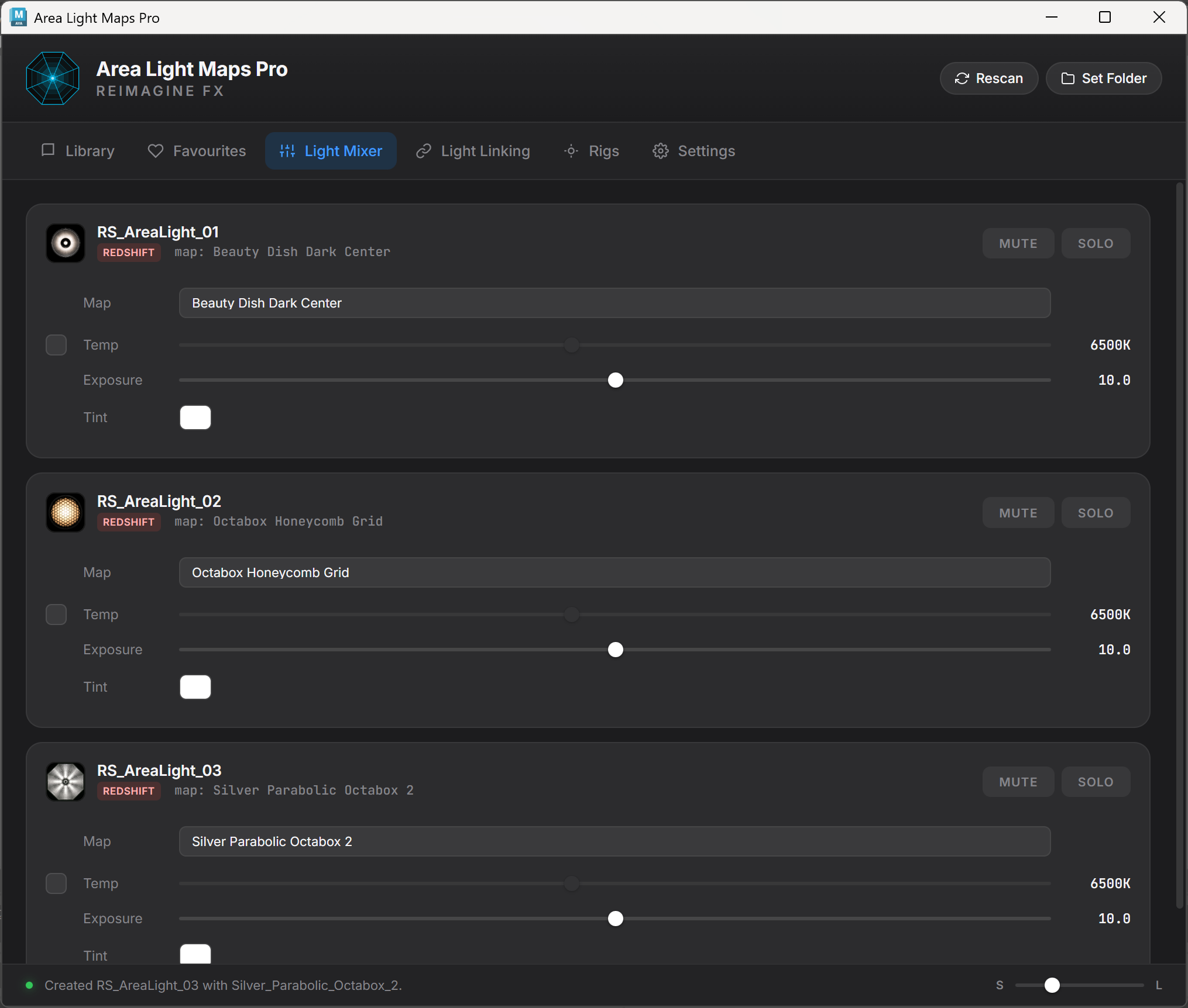 Redshift area lights in the Area Light Maps Pro Light Mixer