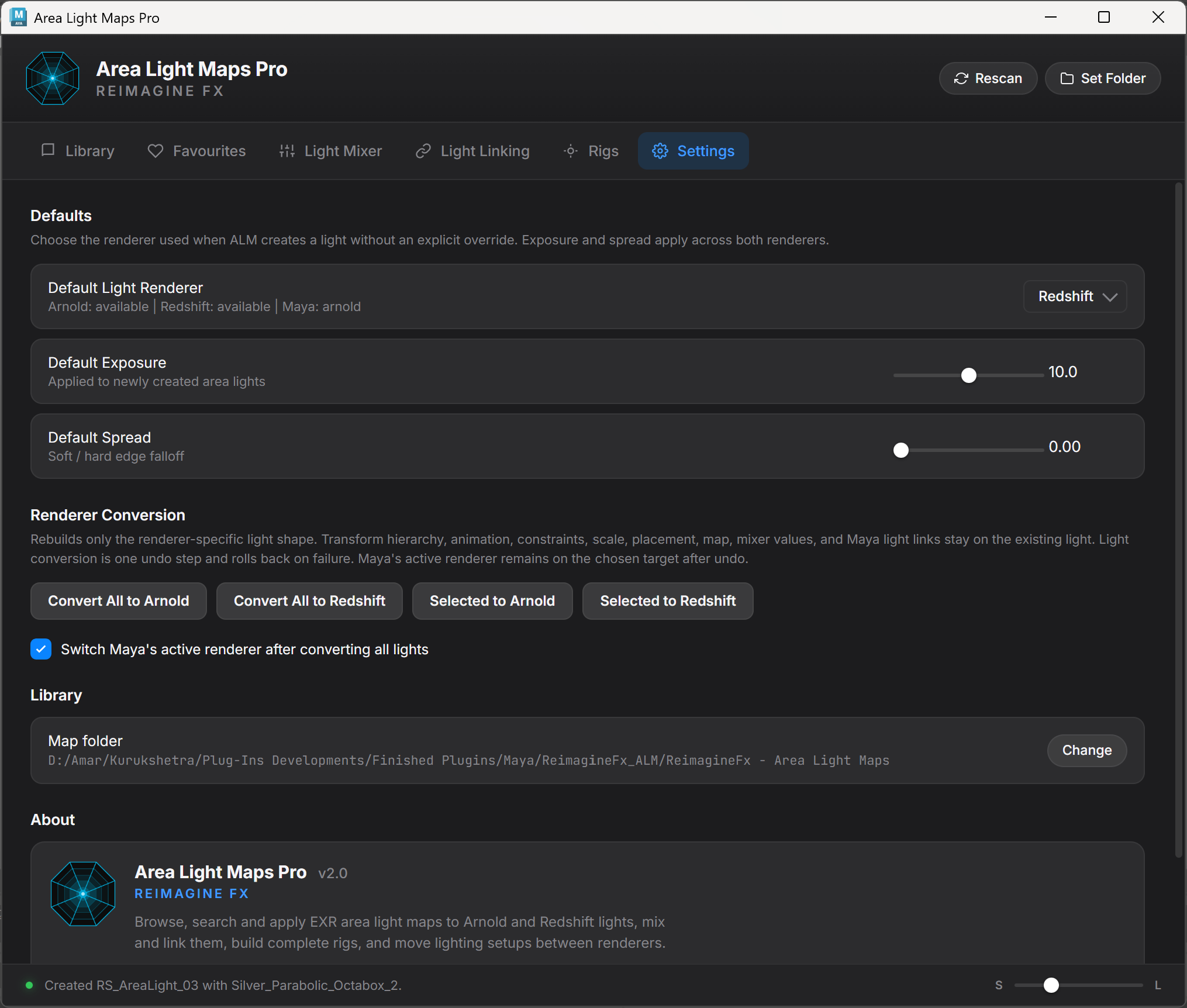Area Light Maps Pro renderer defaults and conversion controls