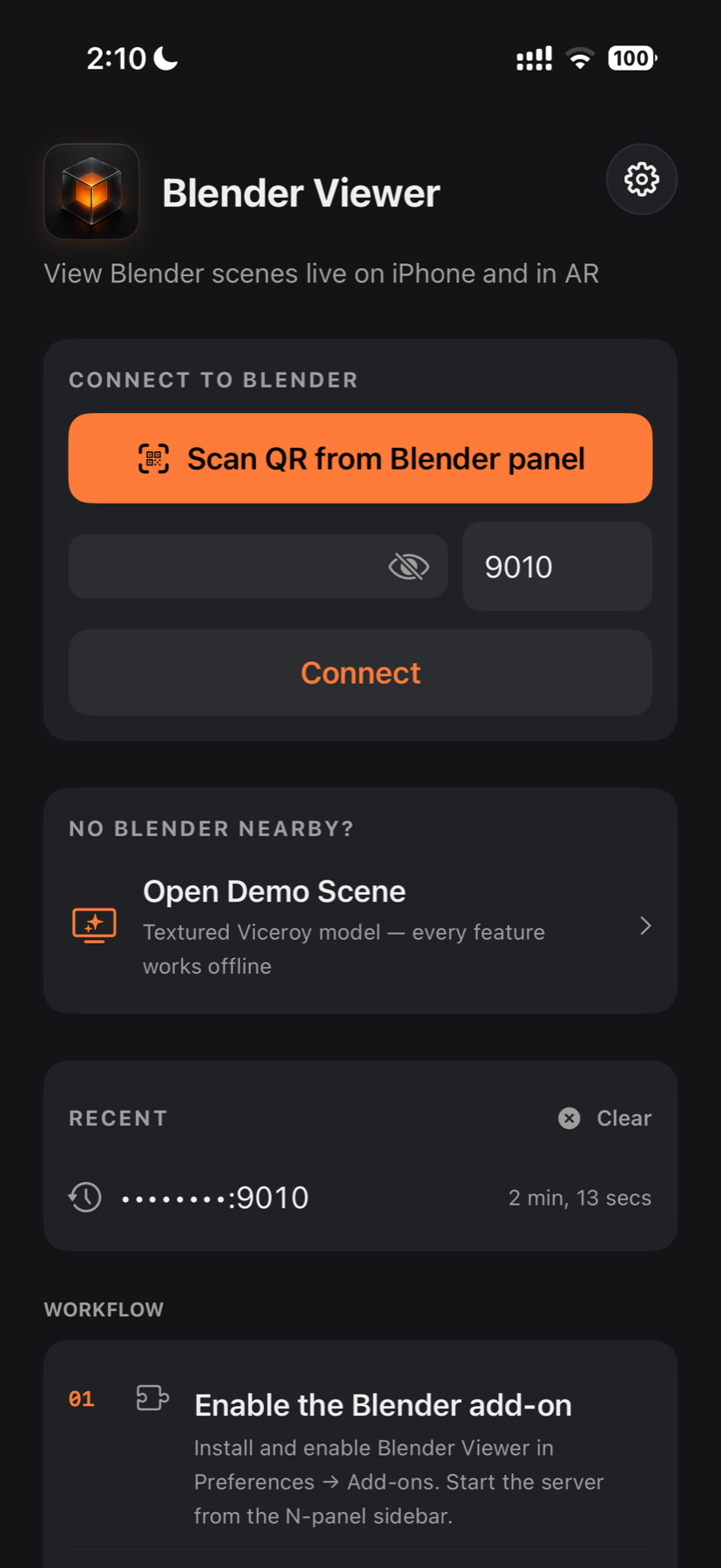 Private local connection screen for Blender Viewer
