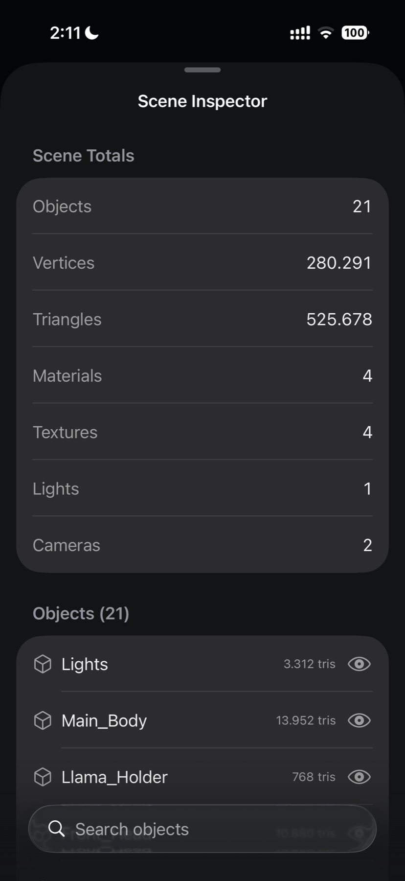 Blender Viewer scene inspector with real object and geometry statistics