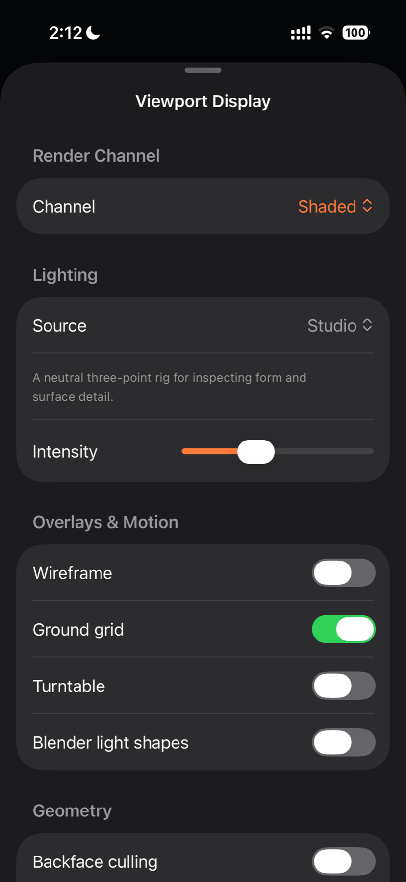 Blender Viewer display channels, lighting and overlay controls