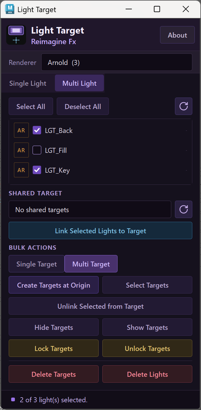 Multi Light panel with LGT_Back and LGT_Key selected, a shared-target selector and bulk target actions