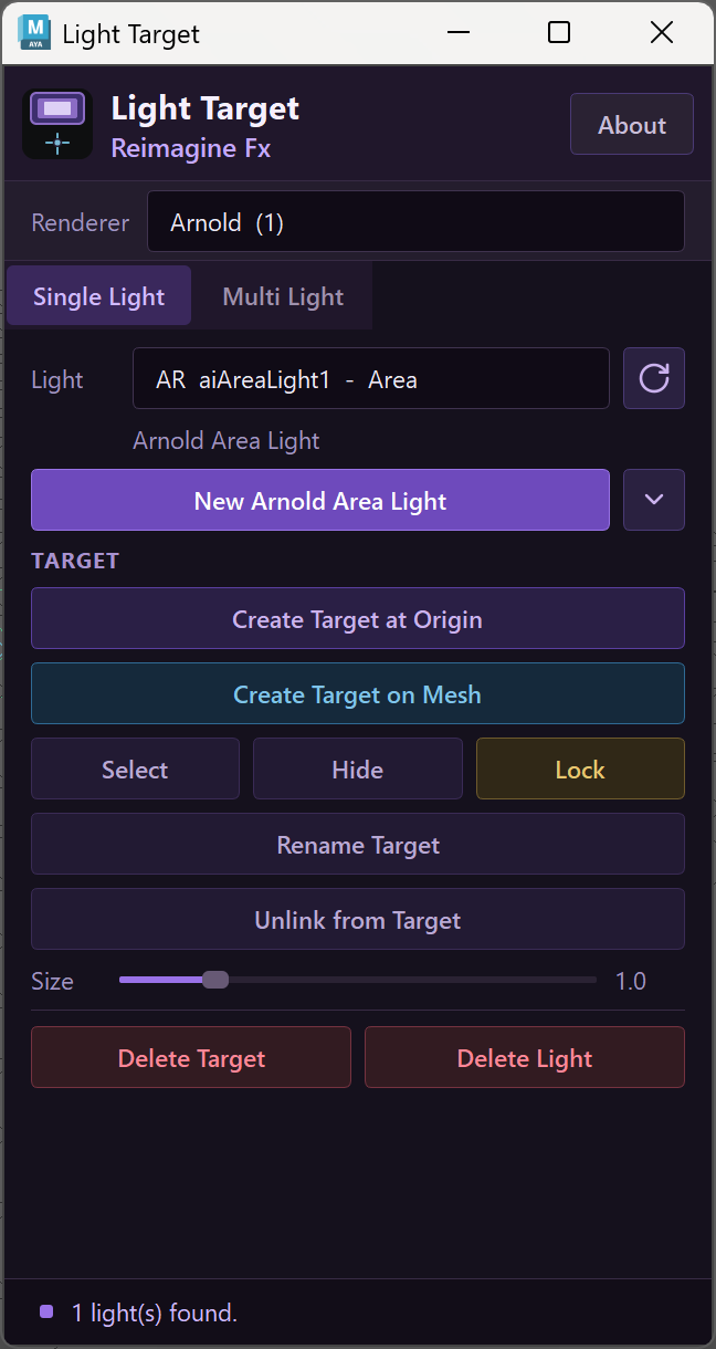 Light Target Single Light panel with an Arnold area light