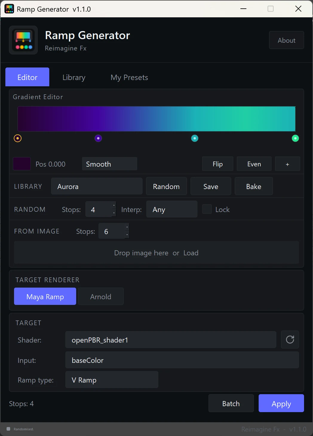 Ramp Generator Editor tab showing gradient stops, random controls and Maya Ramp target
