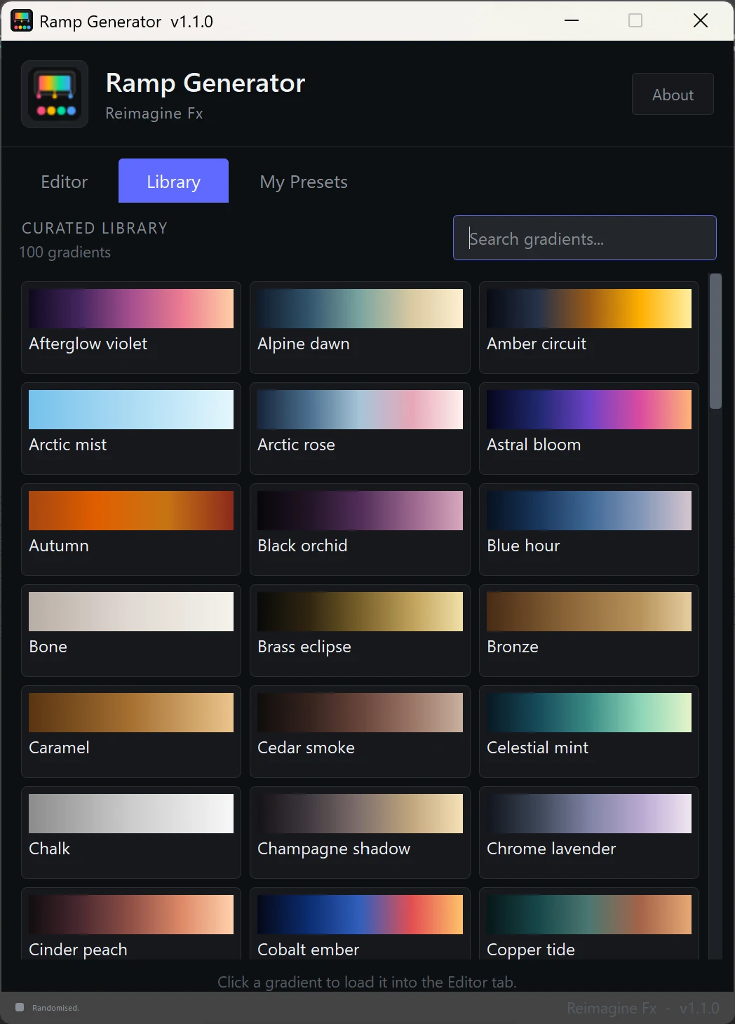Ramp Generator library showing searchable curated gradient thumbnails