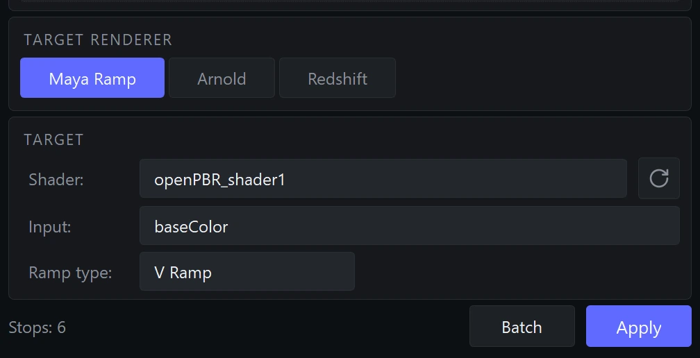 Ramp Generator target renderer controls showing Maya Ramp, Arnold and Redshift modes