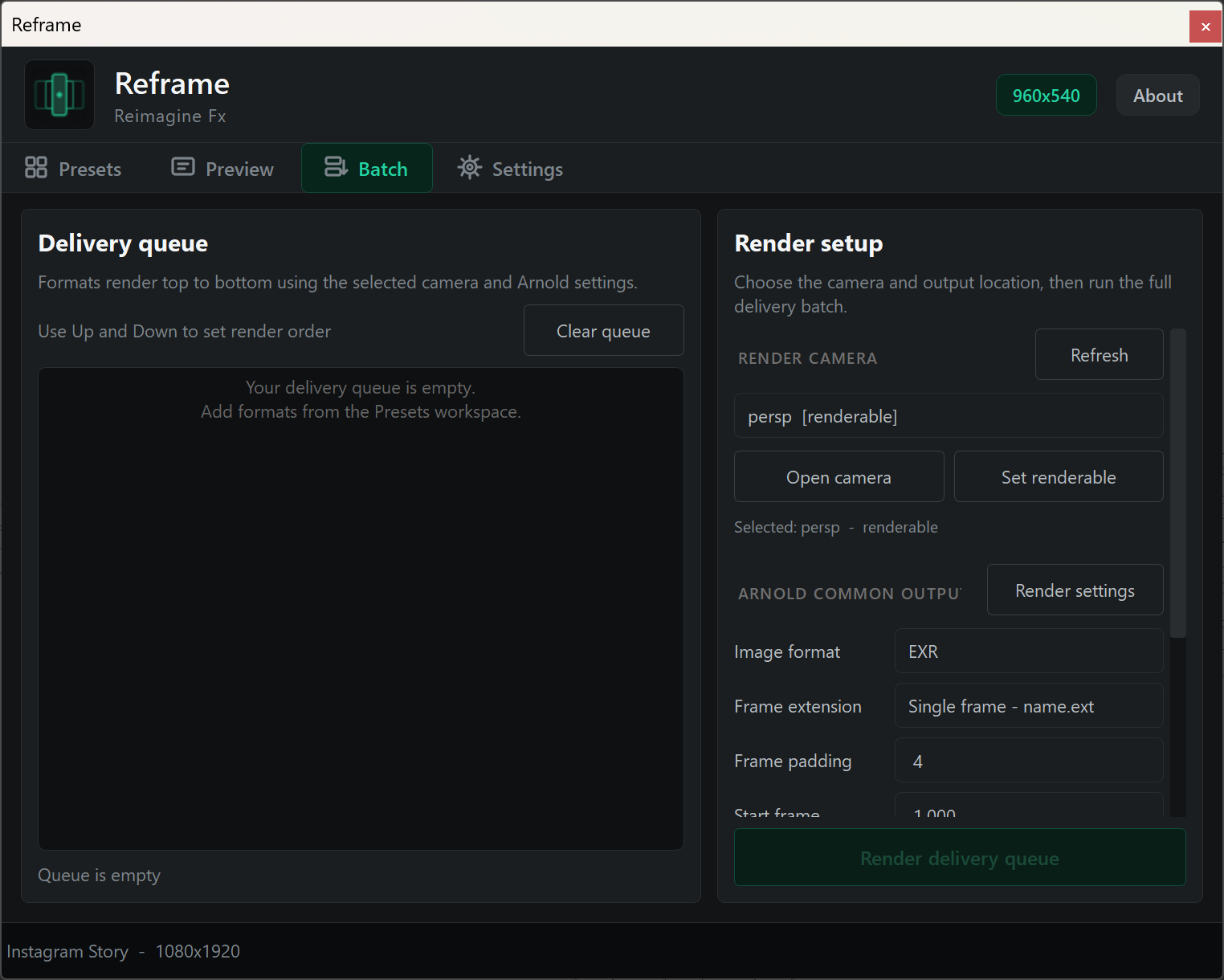 Reframe Delivery queue and Arnold render setup