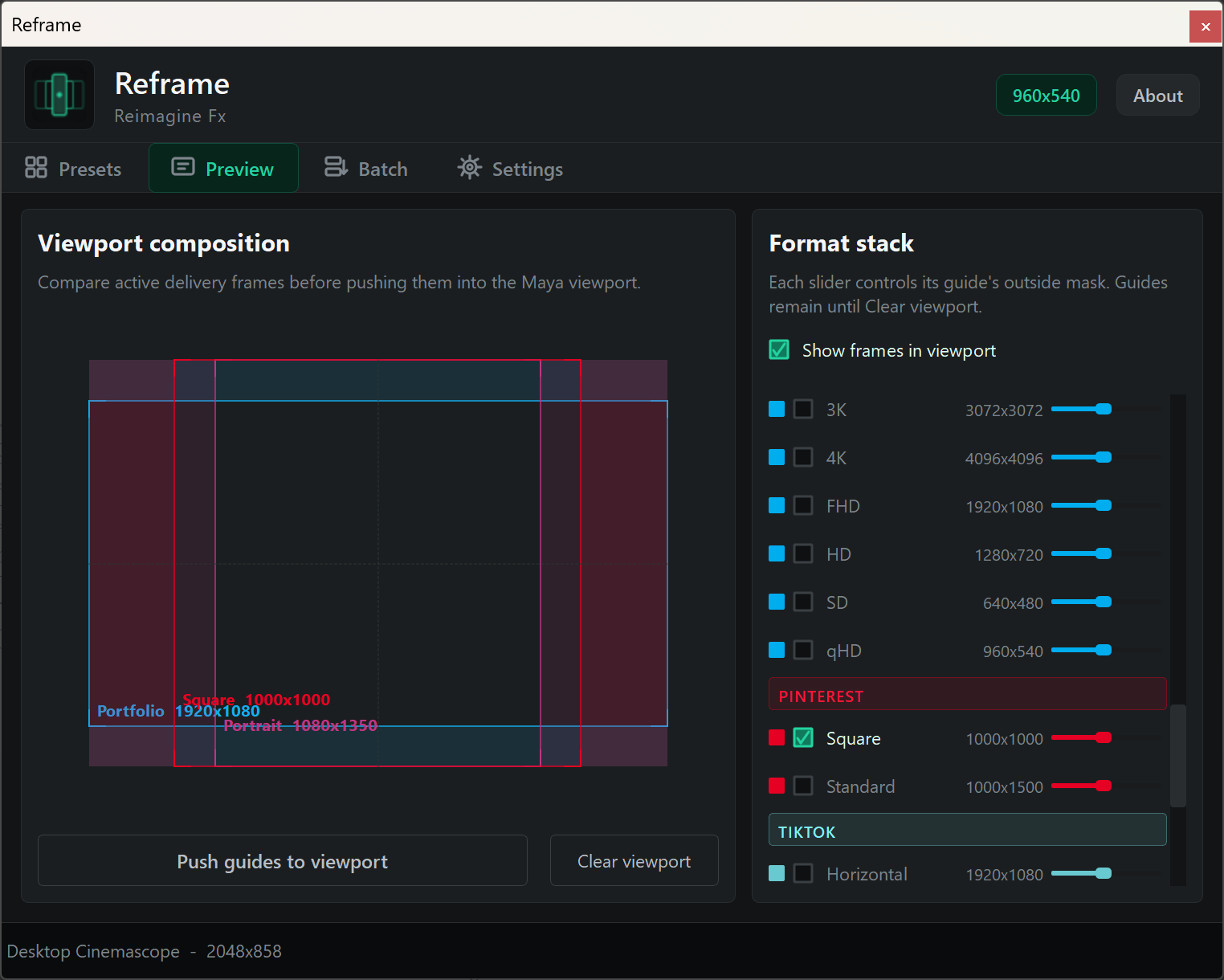 Reframe Preview tab with multiple delivery frames
