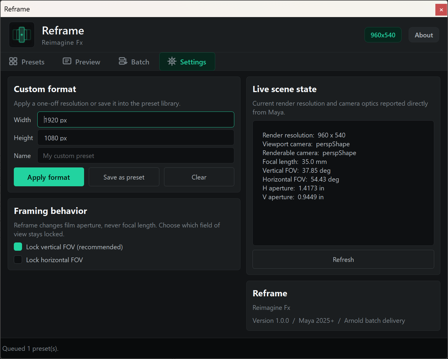 Reframe Settings tab with custom format and live scene state