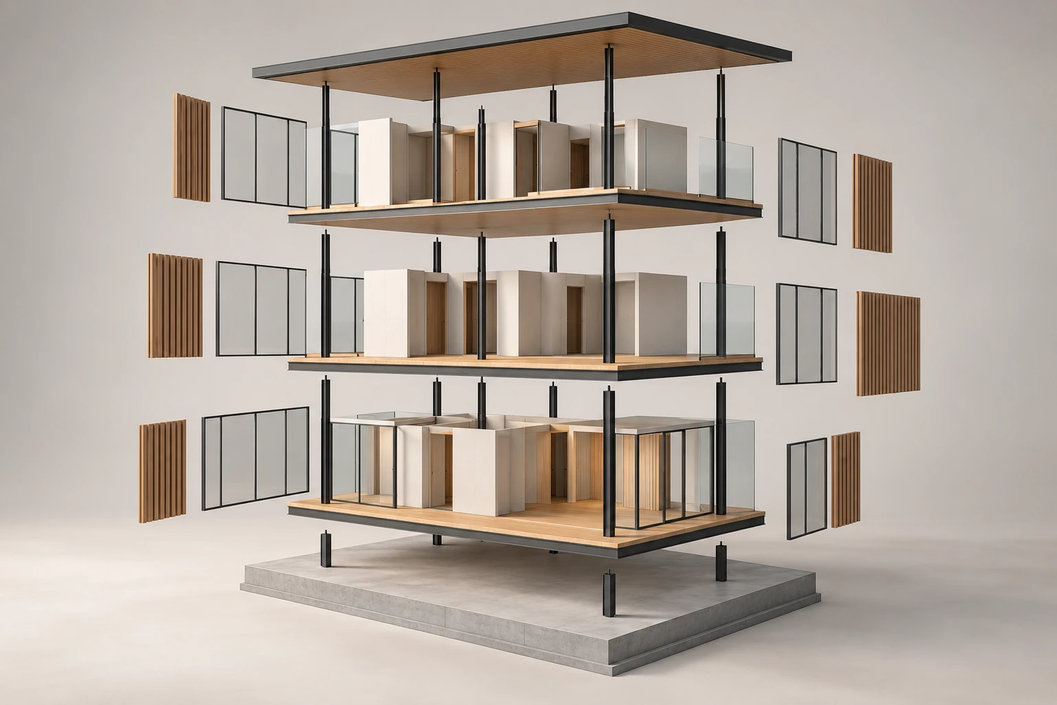 Architectural concept illustration with building levels spaced vertically