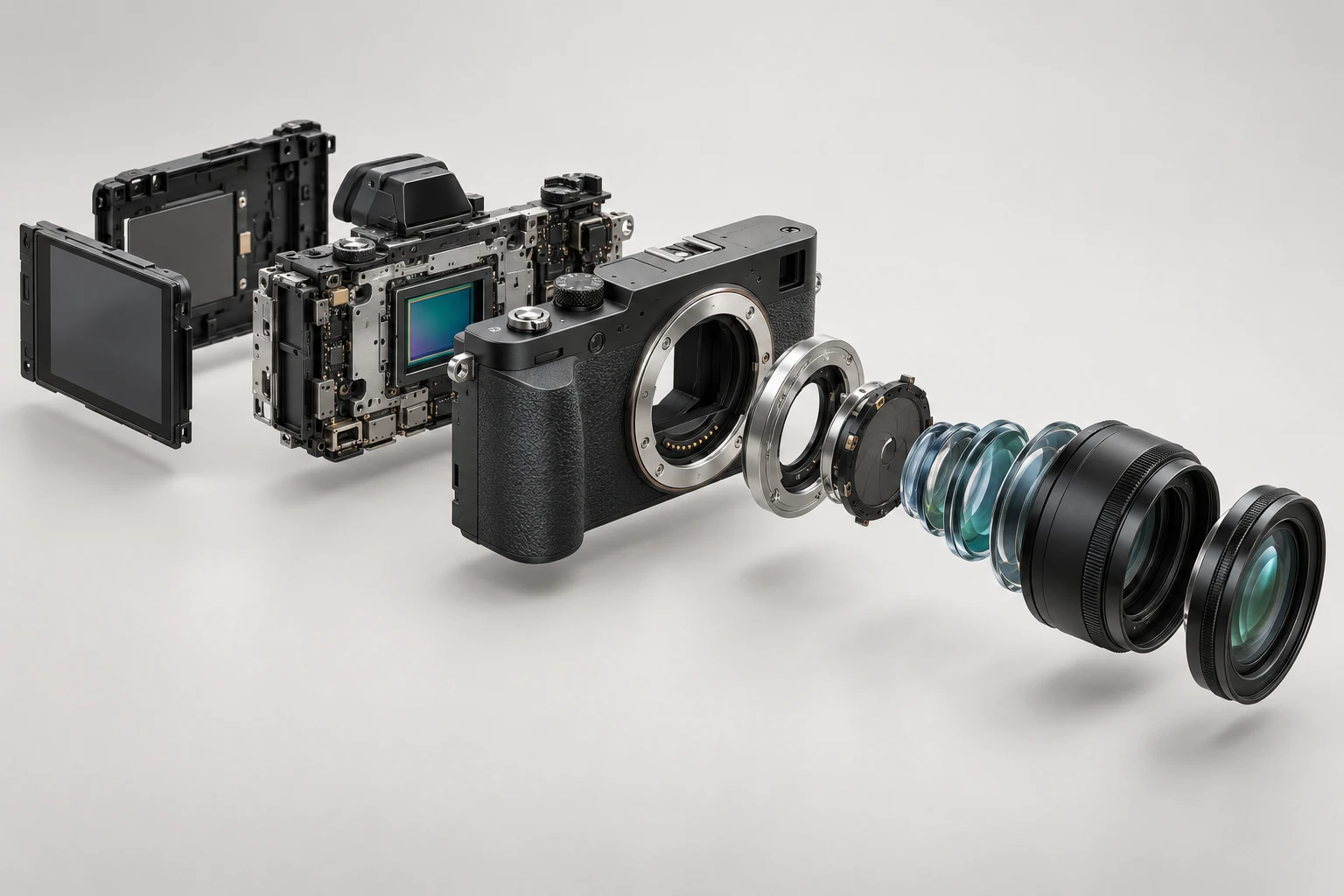 Camera concept illustration with body panels, sensor assembly and lens elements spaced apart