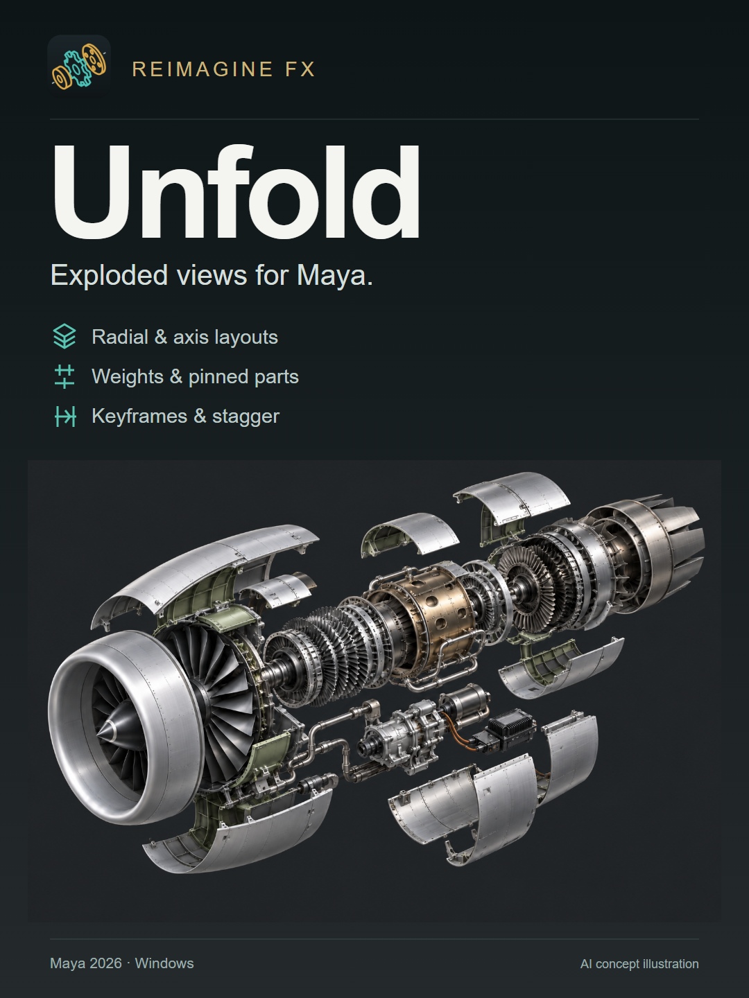 Unfold poster: exploded views for Maya, radial and axis layouts, weights, pins and keyframes
