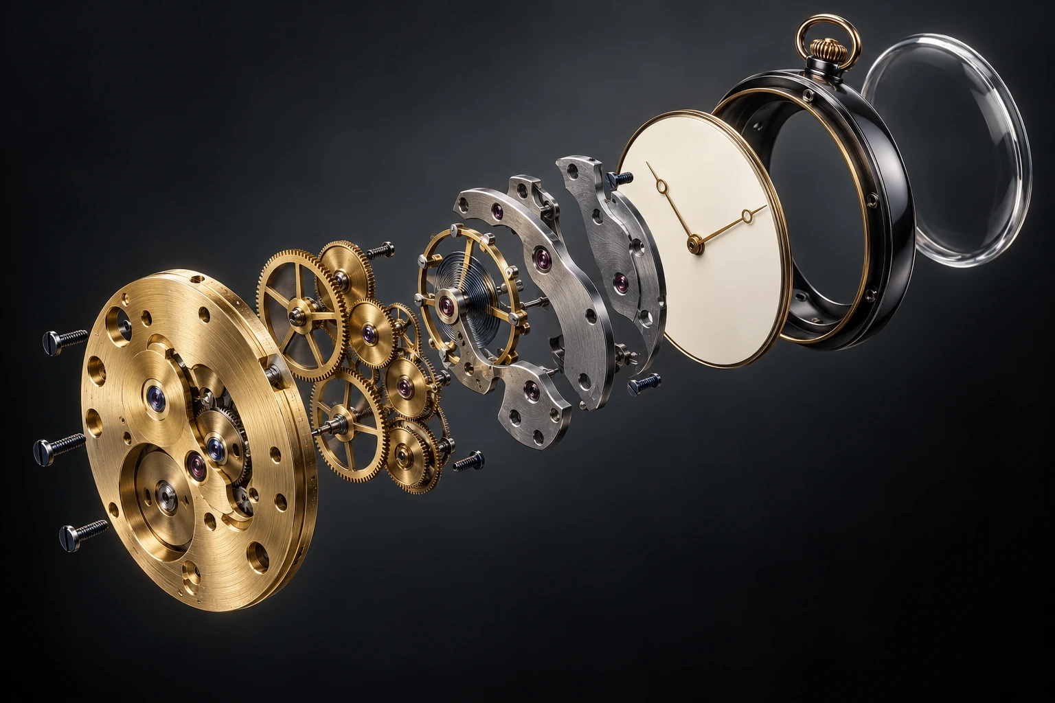Brass clockwork movement with gears and plates separated into an exploded arrangement
