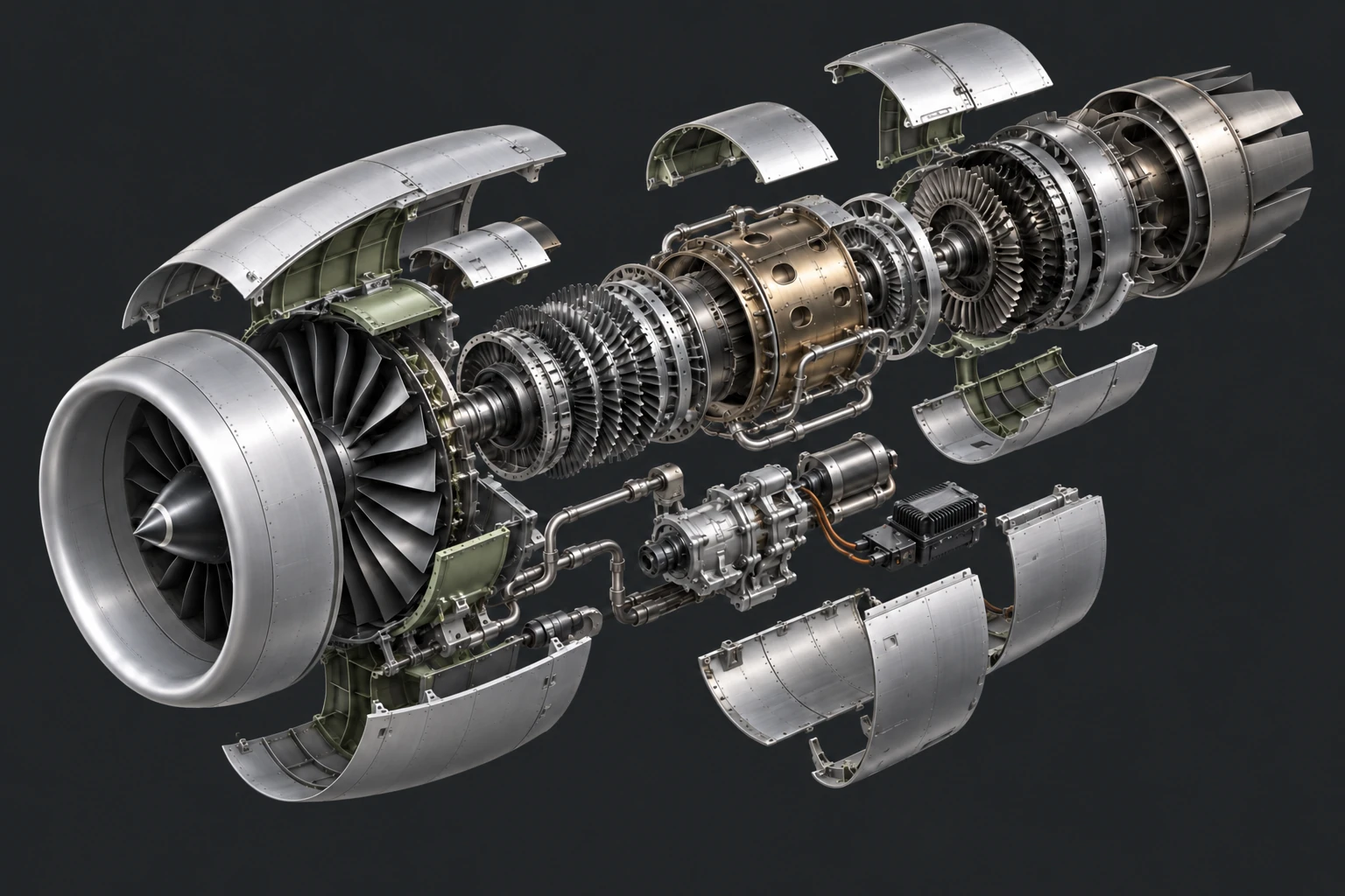 Exploded turbojet engine with separated metal casings, compressor stages and accessory parts