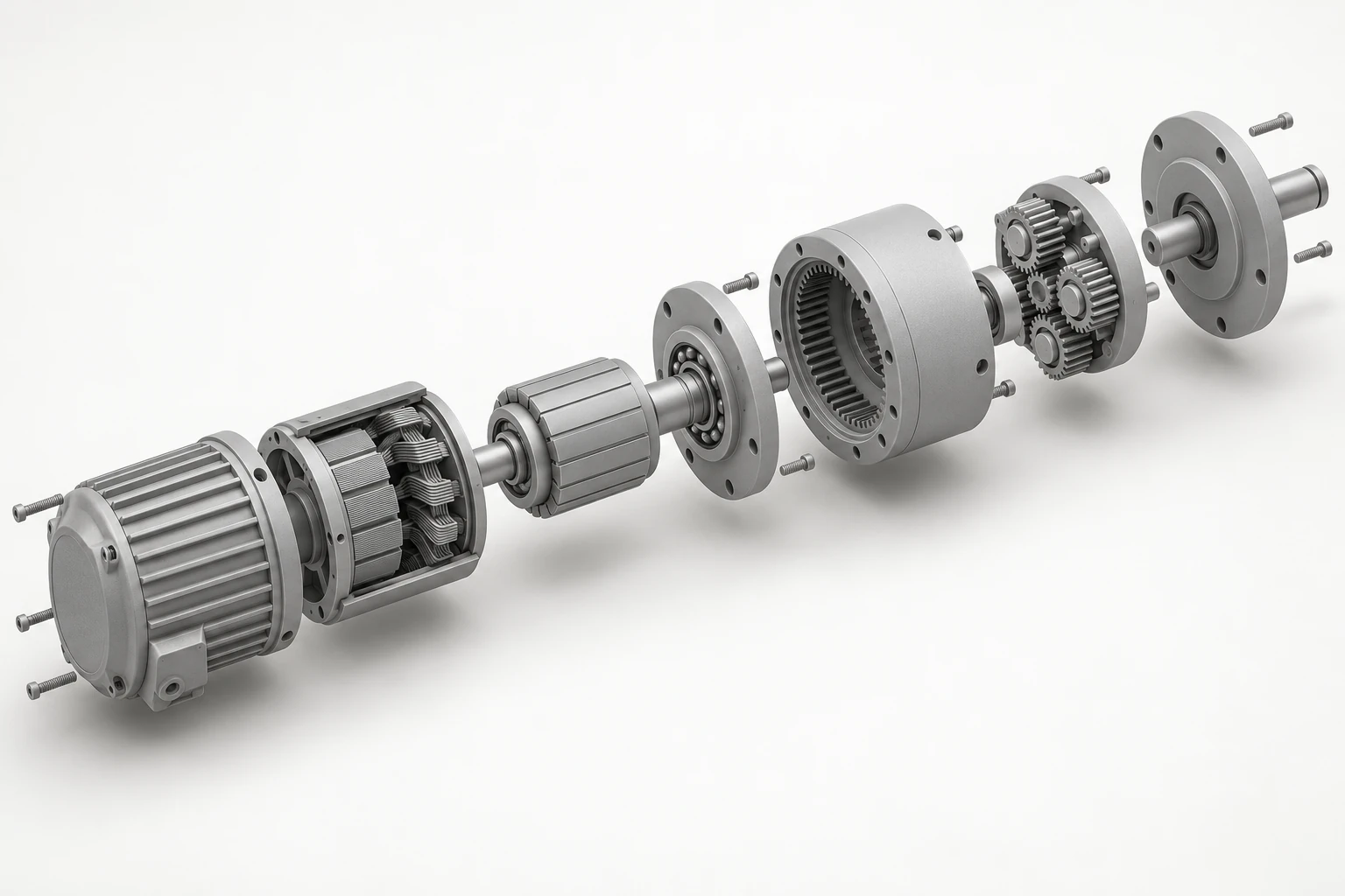 Clay concept illustration of separated gearbox housing, shafts and gears