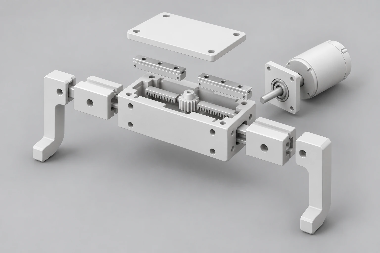 Exploded robotic gripper in a grayscale clay illustration