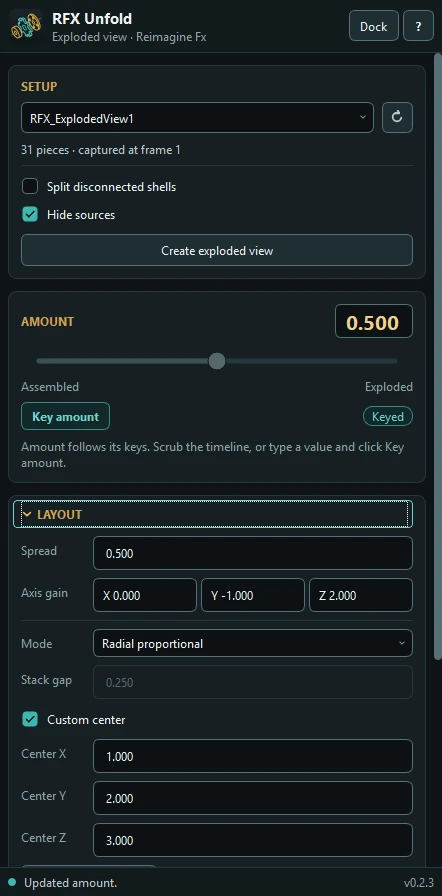 RFX Unfold panel in Maya showing31 pieces, Amount, radial layout, axis gains and custom center