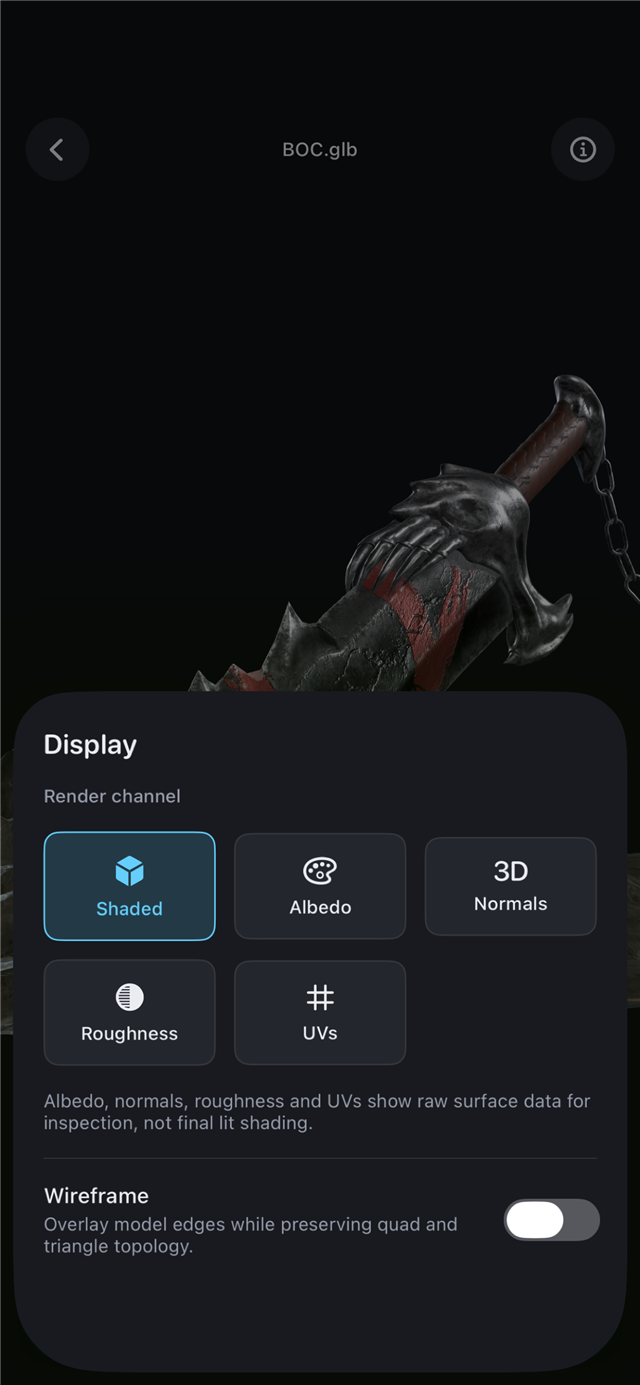 Render channels and wireframe overlay controls