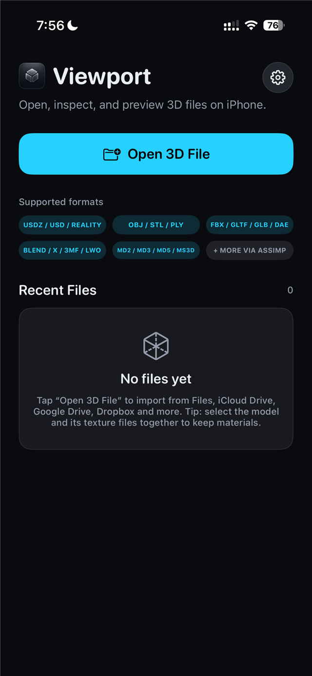 Viewport home screen with recent files library